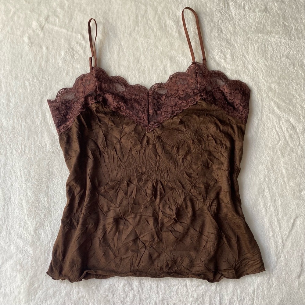 Vintage ARDEN B. Camisole Lace Lingerie Brown M/L Y2K Crinkle Delicate Romantic